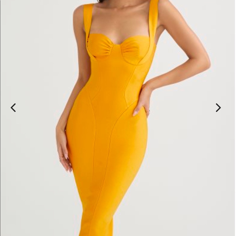 Charlene’ Tangerine Bandage Midi Dress. Sold out on HOCB